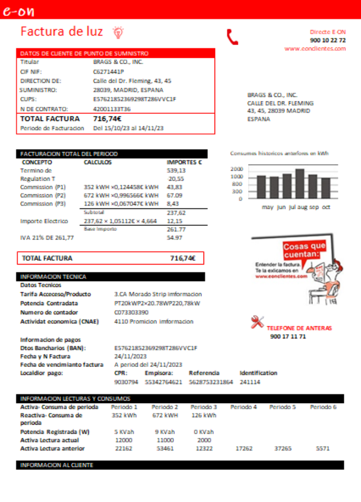 E.ON Spain electricity utility business bill,  SCR PSD template